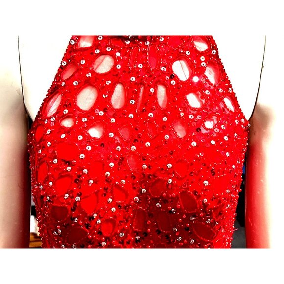 Niteline Della Roufogali Size 4 Red Beaded Silk Halter Open Back Gown Glamour - Picture 7 of 10